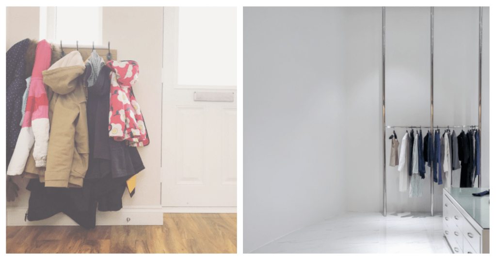 Before and after comparison of a cluttered bedroom transformed into an organized and tidy space