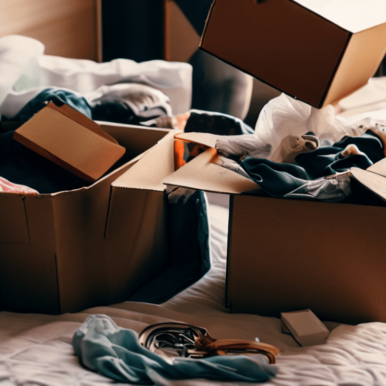 Person sorting items for decluttering, with boxes for donations and organization