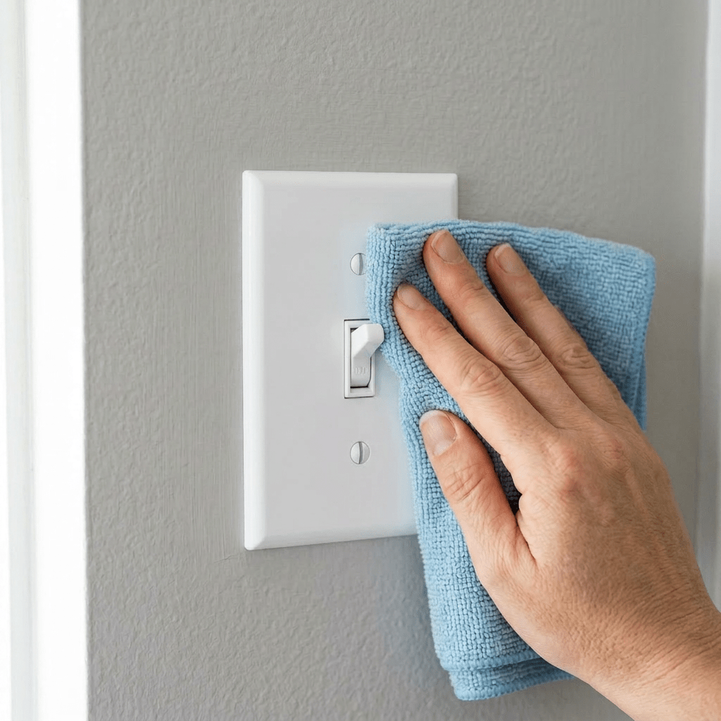 Hand wiping a light switch plate with a blue microfiber cloth on a gray wall